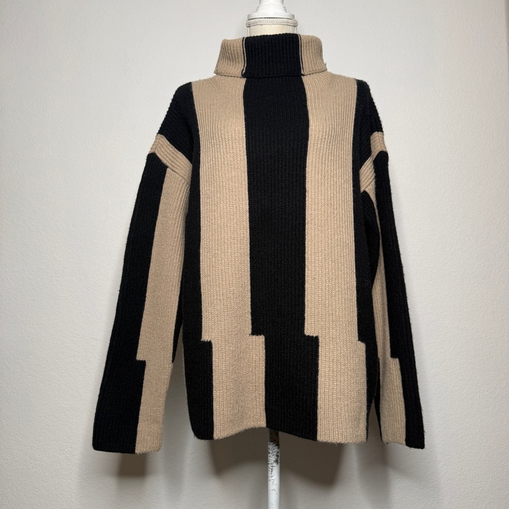Avantlook Sweater Tan Black Stripe Turtleneck Asymmetrical Loose Fit Size S NWT